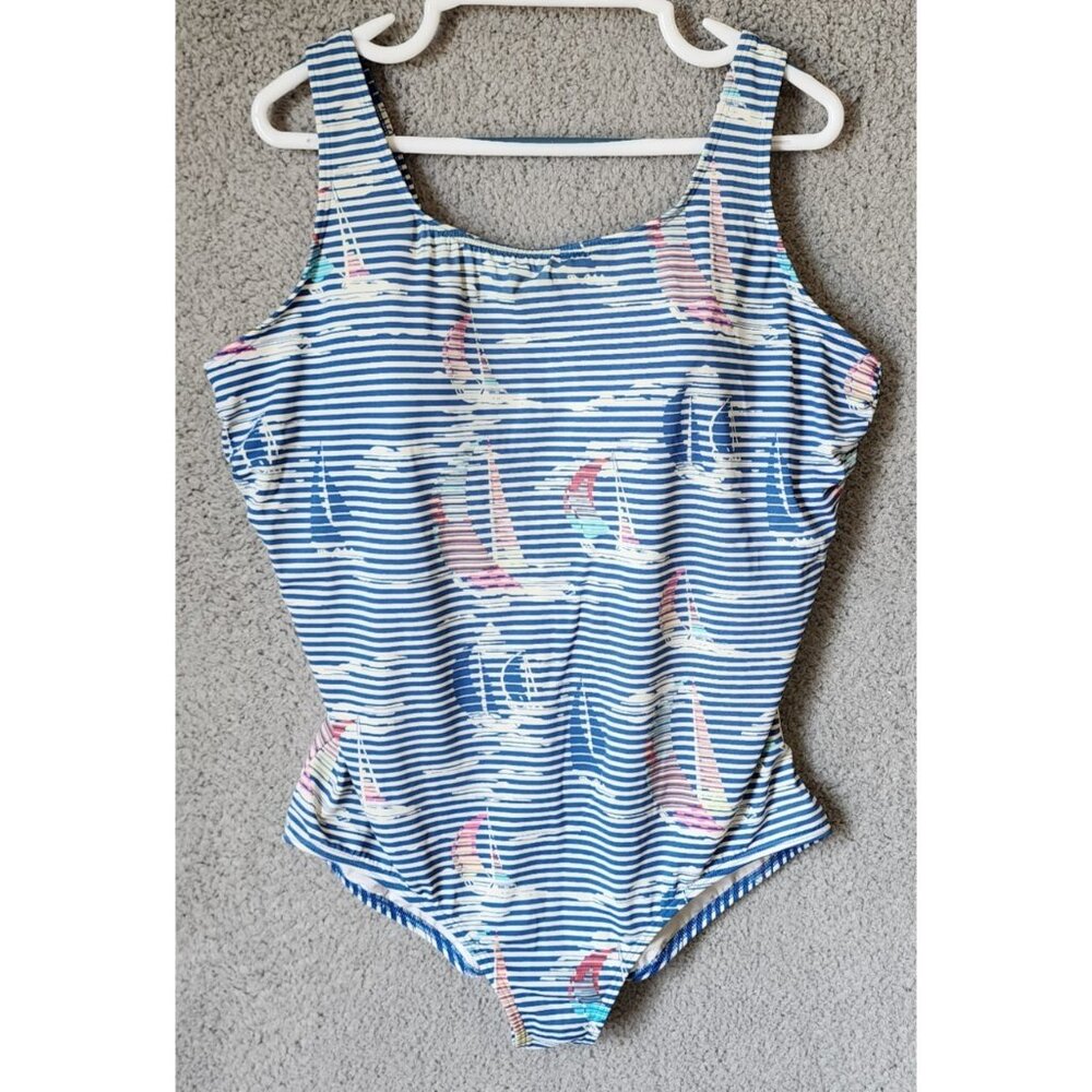 Lands End Women's Square Neck One Piece Swimsuit Blue Striped Sailboats Plus 22W